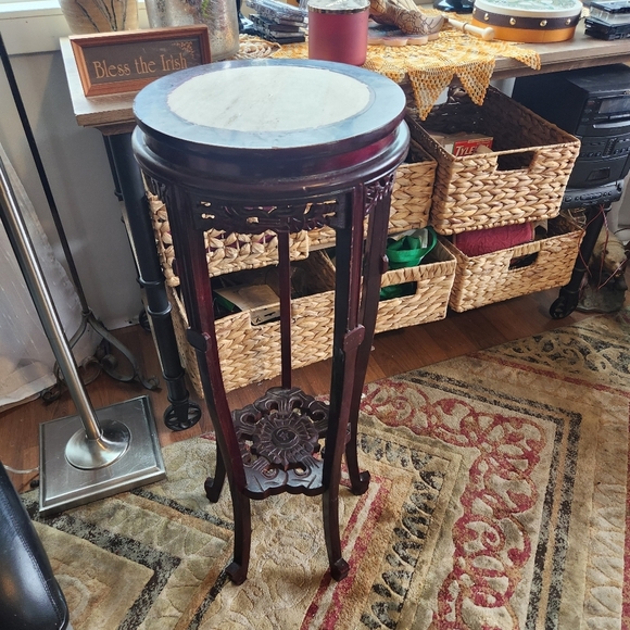 Vintage Rosewood Carved Marble Top 33" Plant Stand Planter Dark Wood Cherry 50s - Picture 3 of 12